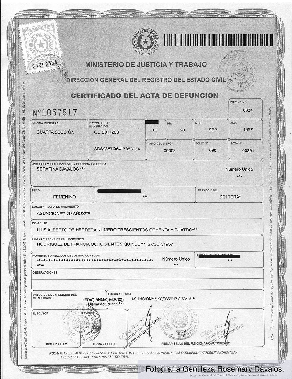 Certificado de defunción de Serafina Dávalos