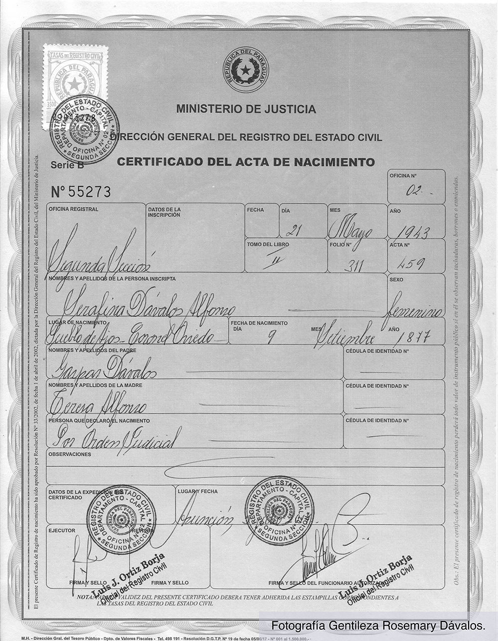 Certificado de nacimiento de Serafina Dávalos